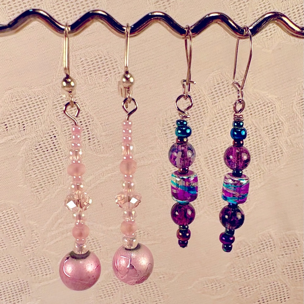 Earrings Pierced Handcrafted UniqueSPECIAL PRICE! PinkSparkle & Purple/AquaBeads
